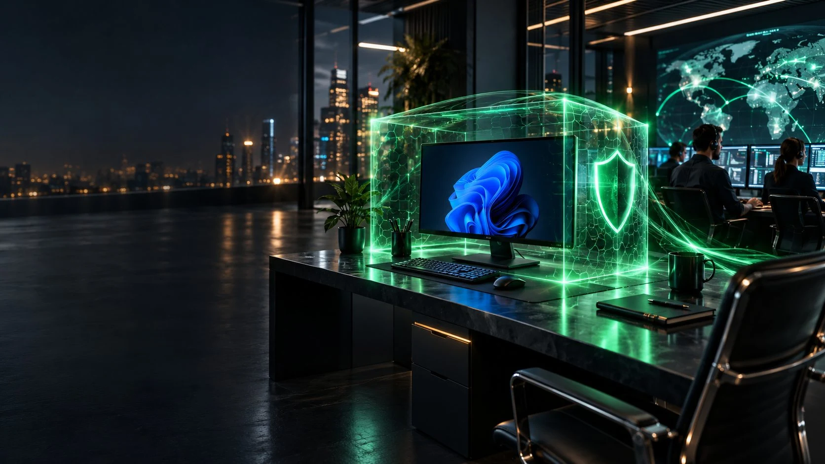 Illustration of a Windows computer connected to managed protection and monitoring