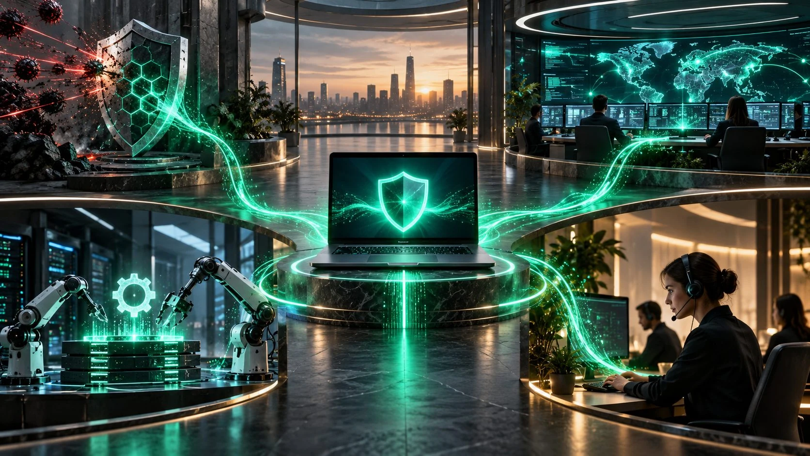 Illustration connecting a computer with protection, maintenance, monitoring and support